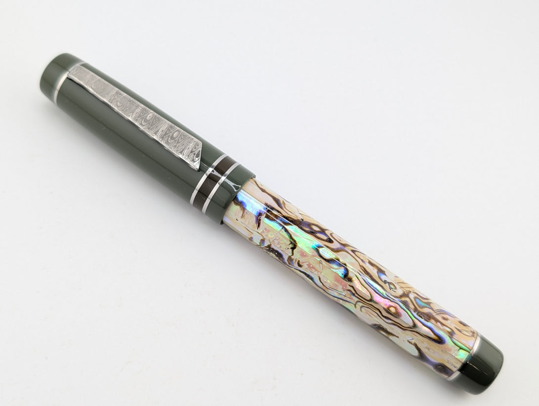 Draco in White Paua Abalone w/ Jungle Green Resin - Damascus Steel